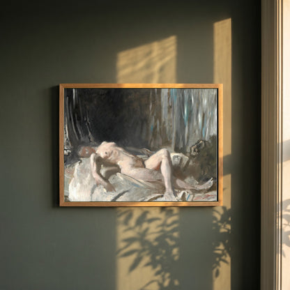 Reclining Female Figure framed print in a natural oak frame on a dark green wall beside a window, dappled plant shadow