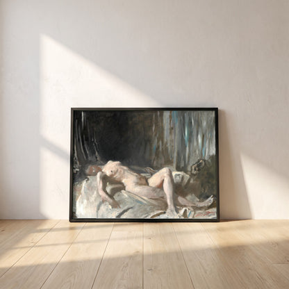 Reclining Female Figure framed print in a black frame leaning against a white plaster wall on oak floorboards in morning light