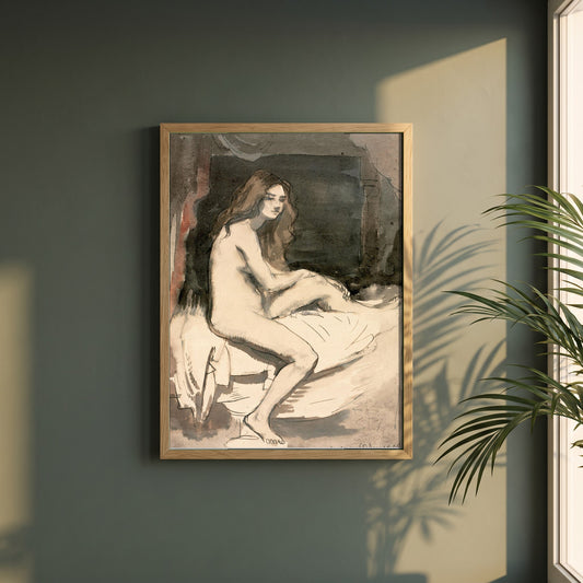 Seated Female Figure framed print in a natural oak frame on a dark green wall beside a window, dappled plant shadow