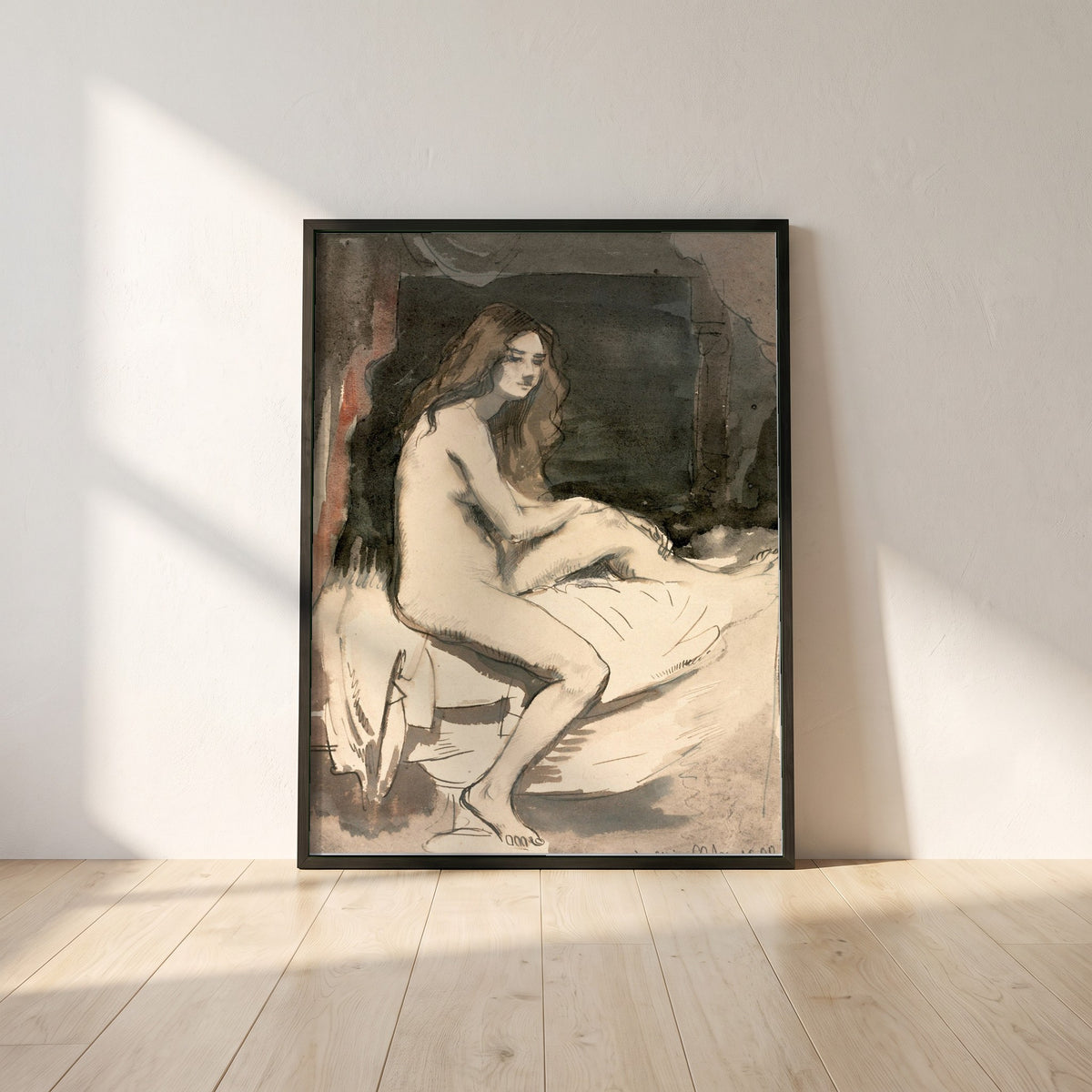 Seated Female Figure framed print in a black frame leaning against a white plaster wall on oak floorboards in morning light