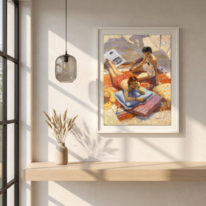 Sunbathers framed print in a white frame on a plaster wall above an oak worktop in a bright Scandinavian kitchen