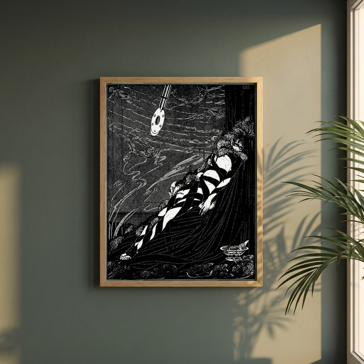 Swarmed Upon Me framed print in a natural oak frame on a dark green wall beside a window, dappled plant shadow