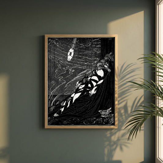 Swarmed Upon Me framed print in a natural oak frame on a dark green wall beside a window, dappled plant shadow