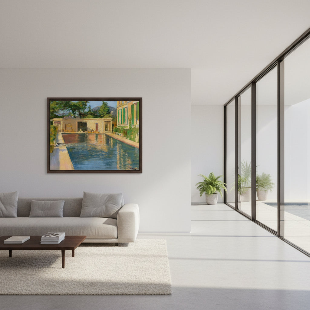 Swimming Pool, Southern France – Sir John Lavery Fine Art Print (40×50 cm / 16×20″) Framed artwork displayed in a contemporary interior with a outdoor pool and terrace in the background.