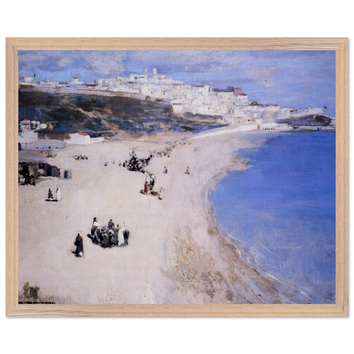 Tangier, The White City by Sir John Lavery in a natural oak frame, Moroccan coastal scene