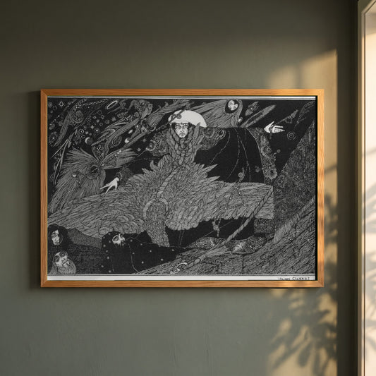 The Albatross About His Neck framed print in a natural oak frame on a dark green wall beside a window, dappled plant shadow