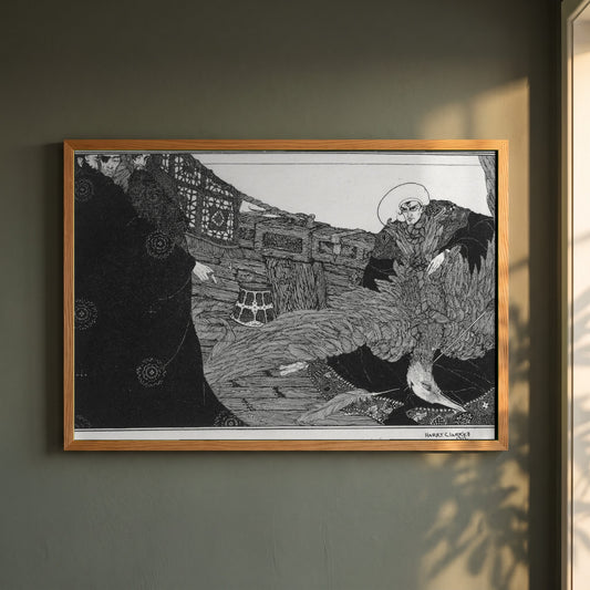 The Albatross Slain framed print in a natural oak frame on a dark green wall beside a window, dappled plant shadow