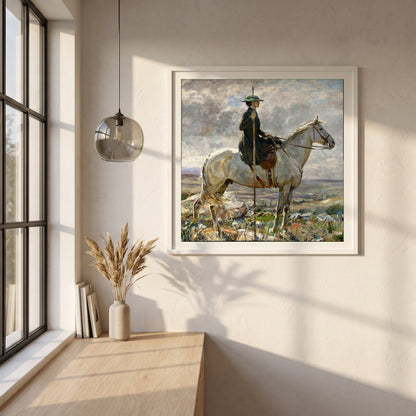 The Amazon framed print in a white frame on a plaster wall above an oak worktop in a bright Scandinavian kitchen