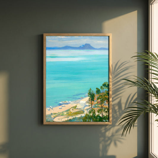 The Bay of Tunis, Morning framed print in a natural oak frame on a dark green wall beside a window, dappled plant shadow