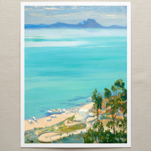 The Bay of Tunis, Morning by Sir John Lavery, unframed archival art print resting on light linen fabric in soft natural daylight.
