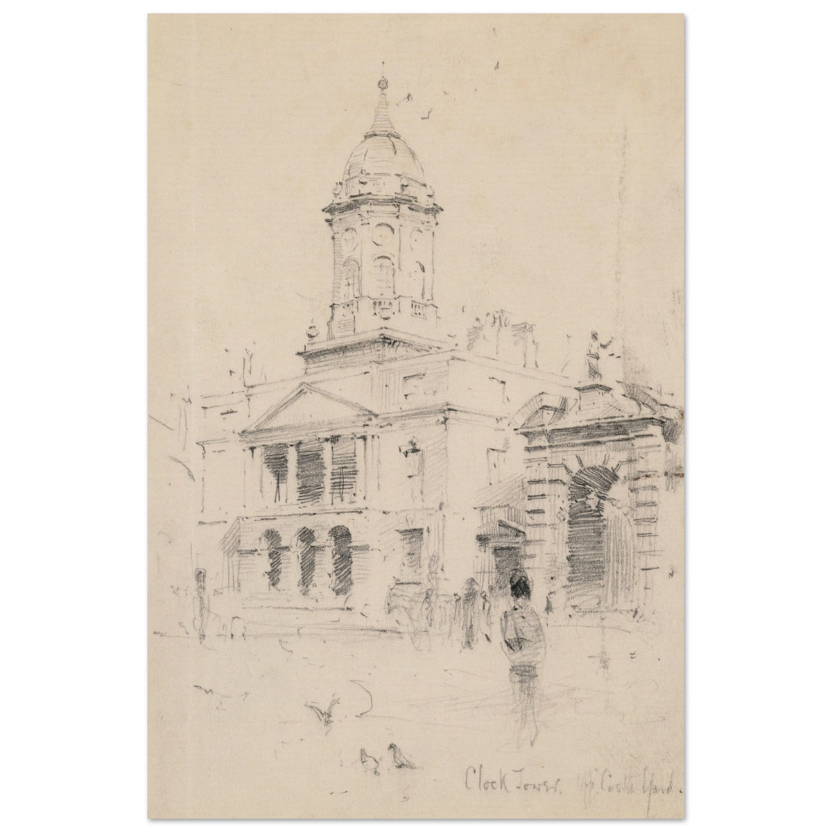 The Bedford Tower, Upper Castle Yard, Dublin by Rose Barton, sketch of the clock tower on warm paper