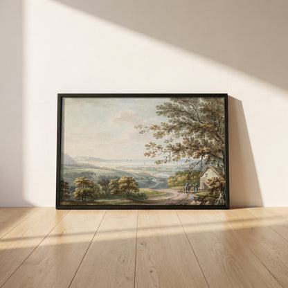Thomas Sautelle Roberts framed print in a black frame leaning against a white plaster wall on oak floorboards in morning light