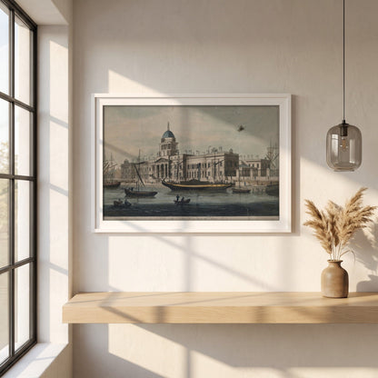 The Custom House, Dublin framed print in a white frame on a plaster wall above an oak worktop in a bright Scandinavian kitchen