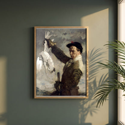 The Dead Ptarmigan (Self-Portrait) by William Orpen framed print in a natural oak frame on a dark green wall beside a window, dappled plant shadow