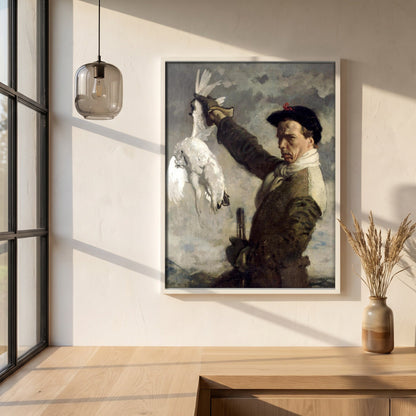 The Dead Ptarmigan (Self-Portrait) by William Orpen framed print in a white frame on a plaster wall above an oak worktop in a bright Scandinavian kitchen
