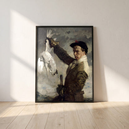 The Dead Ptarmigan (Self-Portrait) by William Orpen framed print in a black frame leaning against a white plaster wall on oak floorboards in morning light
