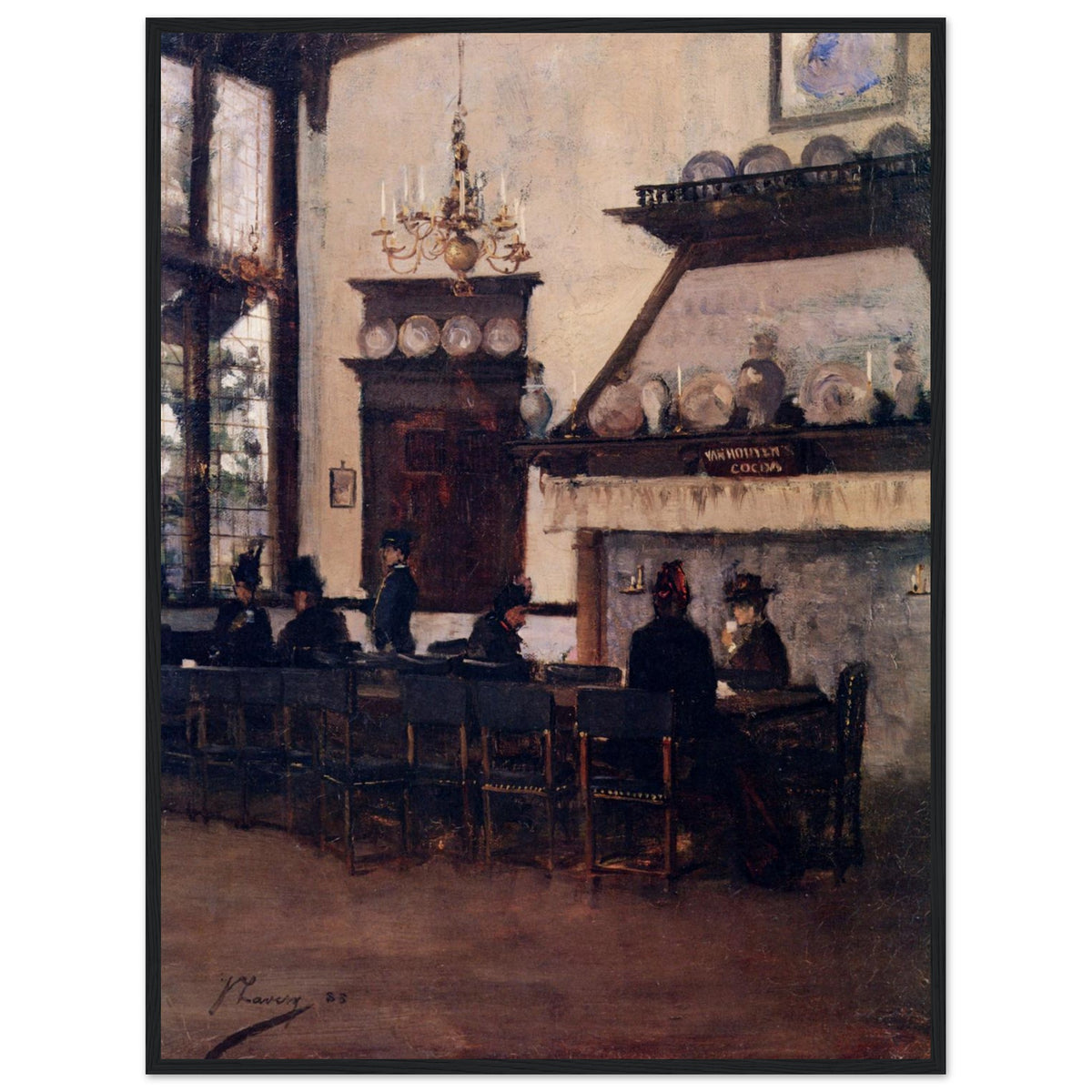 The Dutch Cocoa House by John Lavery print in a black frame, café interior with a chandelier