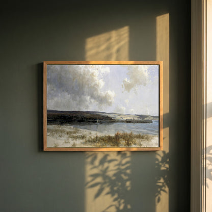 The End of the Glen framed print in a natural oak frame on a dark green wall beside a window, dappled plant shadow