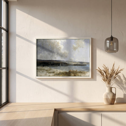 The End of the Glen framed print in a white frame on a plaster wall above an oak worktop in a bright Scandinavian kitchen