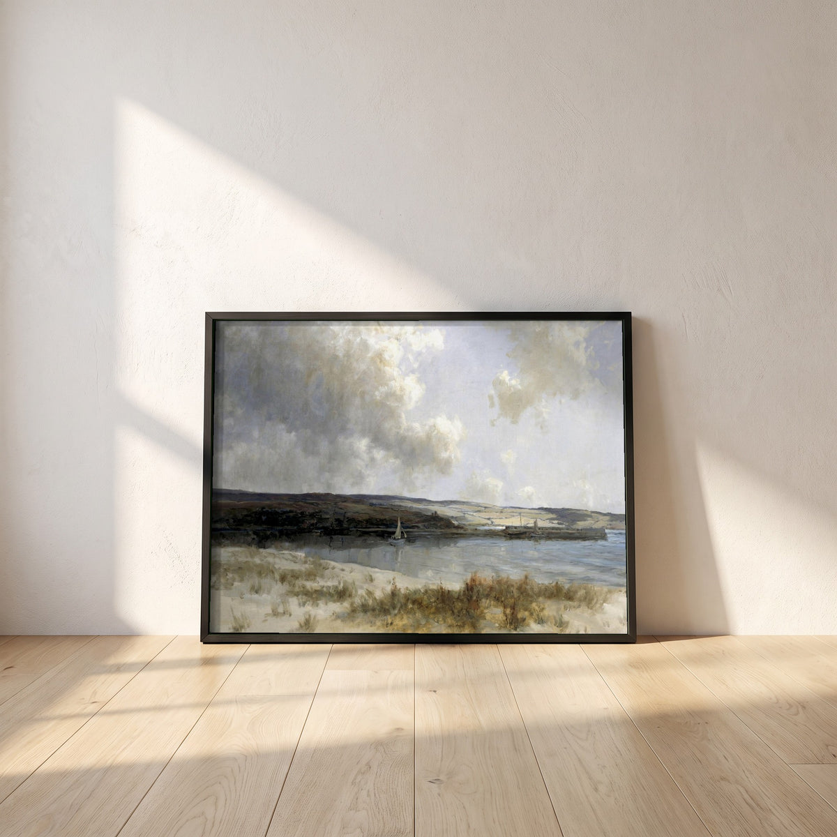 The End of the Glen framed print in a black frame leaning against a white plaster wall on oak floorboards in morning light