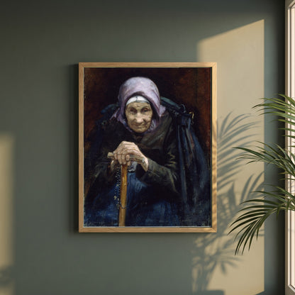 The Fisherman's Mother framed print in a natural oak frame on a dark green wall beside a window, dappled plant shadow
