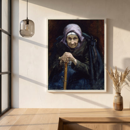 The Fisherman's Mother framed print in a white frame on a plaster wall above an oak worktop in a bright Scandinavian kitchen