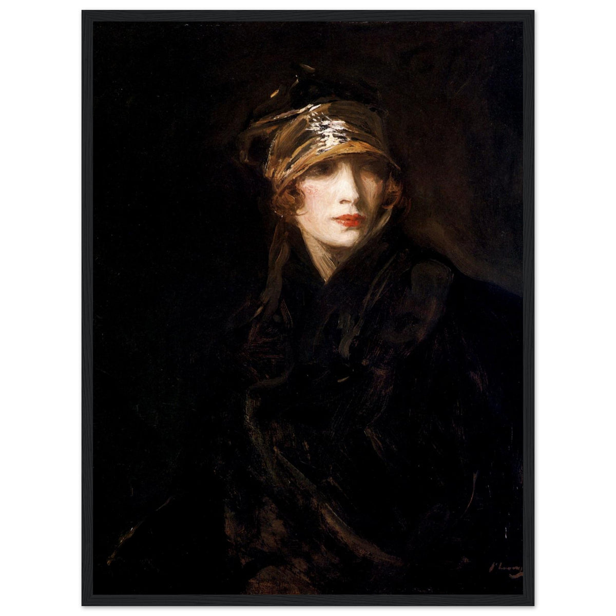 The Gold Turban (1929) by Sir John Lavery in a slim black frame, woman with red lipstick