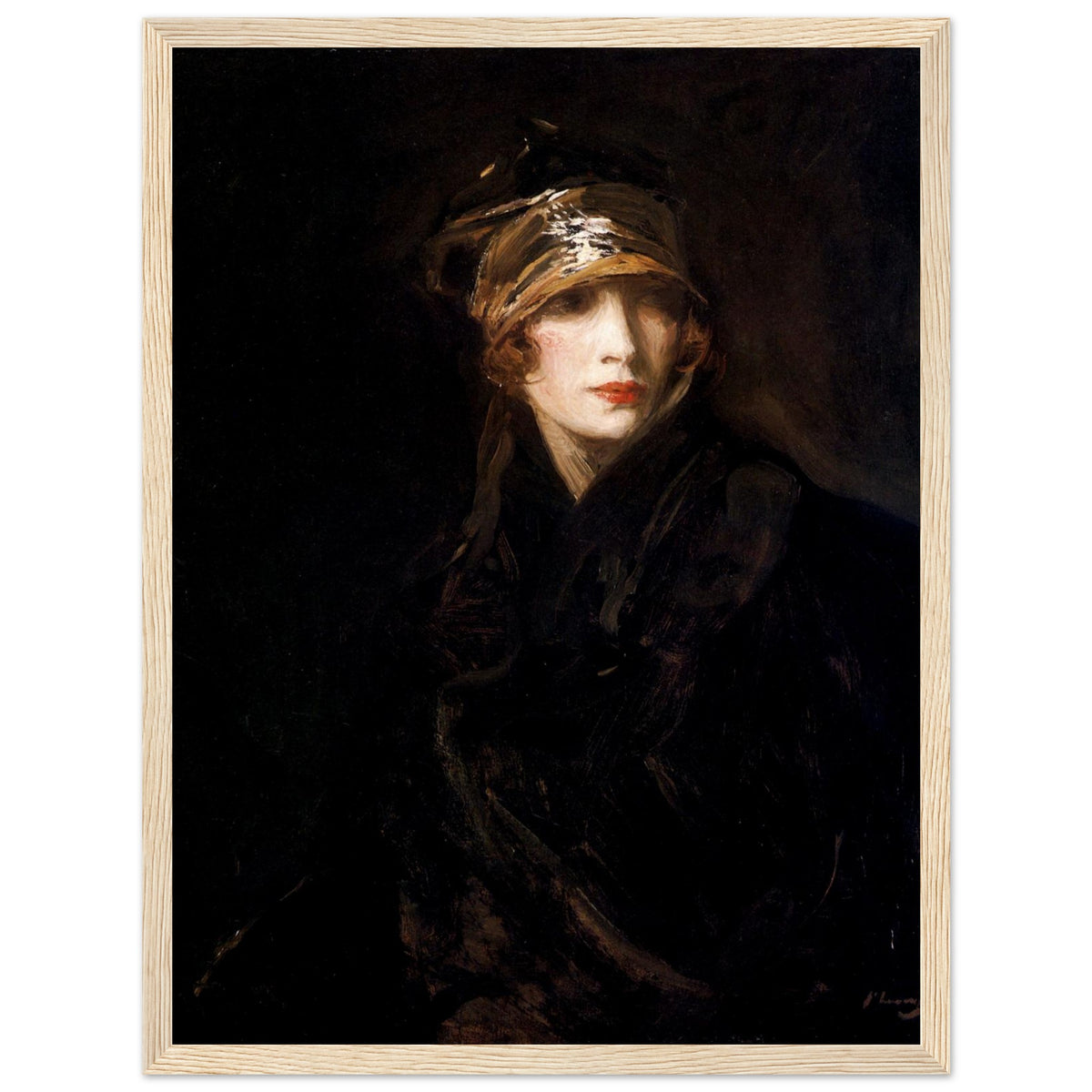 The Gold Turban by John Lavery in a pale oak frame, 1920s portrait in dark tones