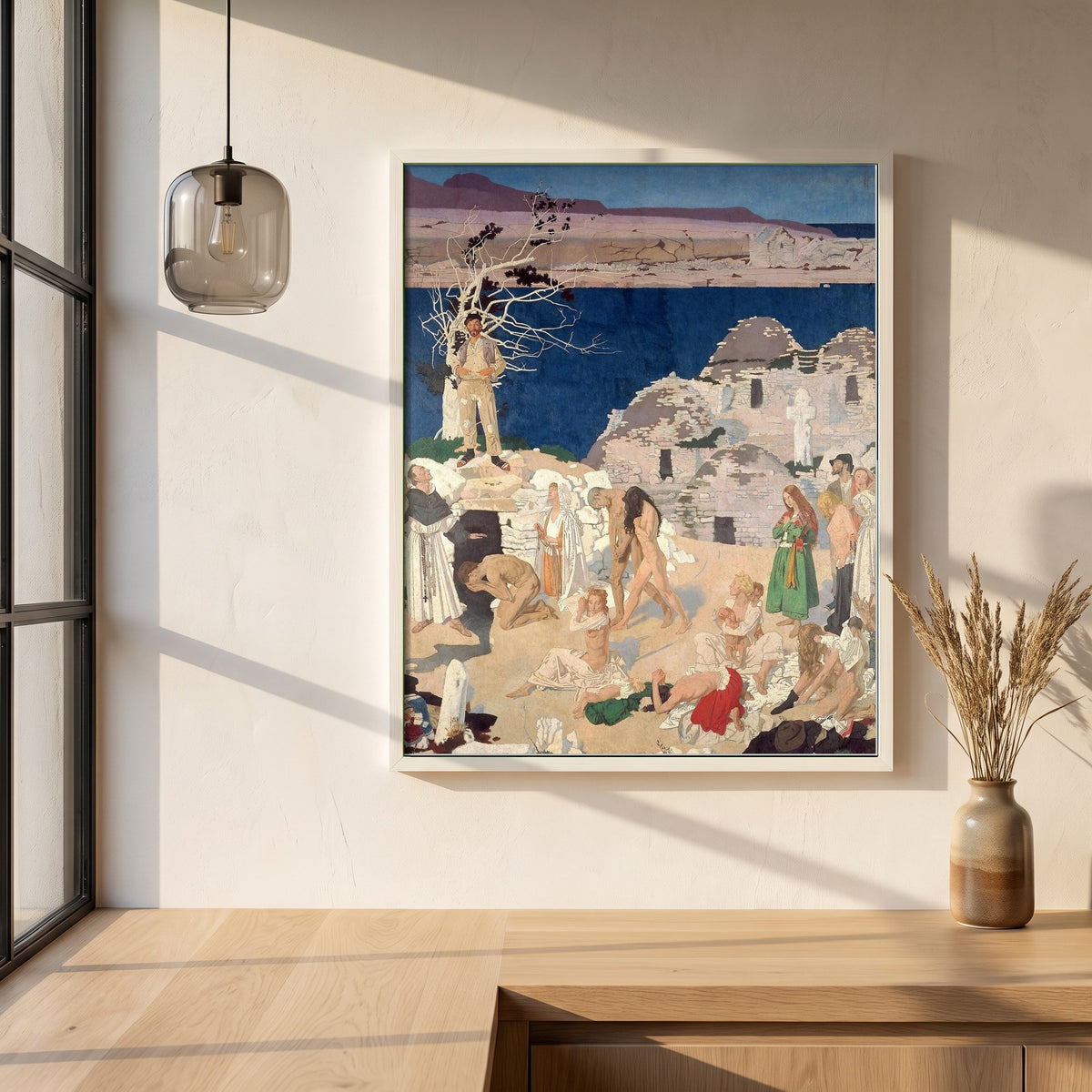 The Holy Well framed print in a white frame on a plaster wall above an oak worktop in a bright Scandinavian kitchen