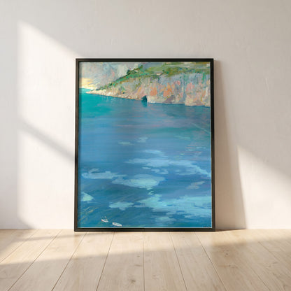 The Little White Boats, Cap Ferrat framed print in a black frame leaning against a white plaster wall on oak floorboards in morning light