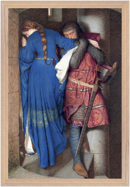 The Meeting on the Turret Stairs by Frederic William Burton in a natural wood frame, 30x45 cm Irish art print