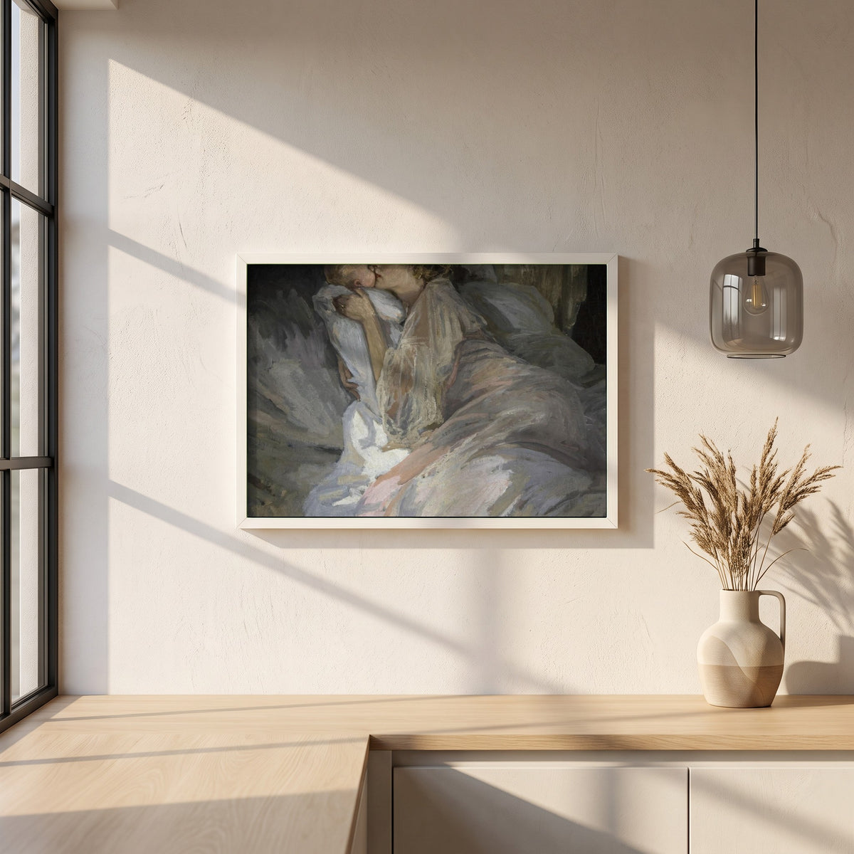The Mother framed print in a white frame on a plaster wall above an oak worktop in a bright Scandinavian kitchen