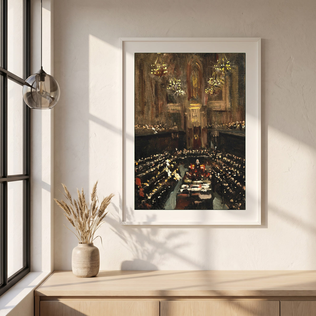 Irish Treaty Ratification framed print in a white frame on a plaster wall above an oak worktop in a bright Scandinavian kitchen