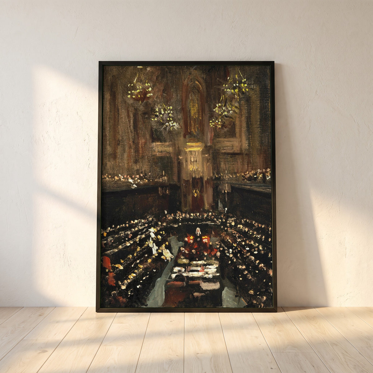 Irish Treaty Ratification framed print in a black frame leaning against a white plaster wall on oak floorboards in morning light