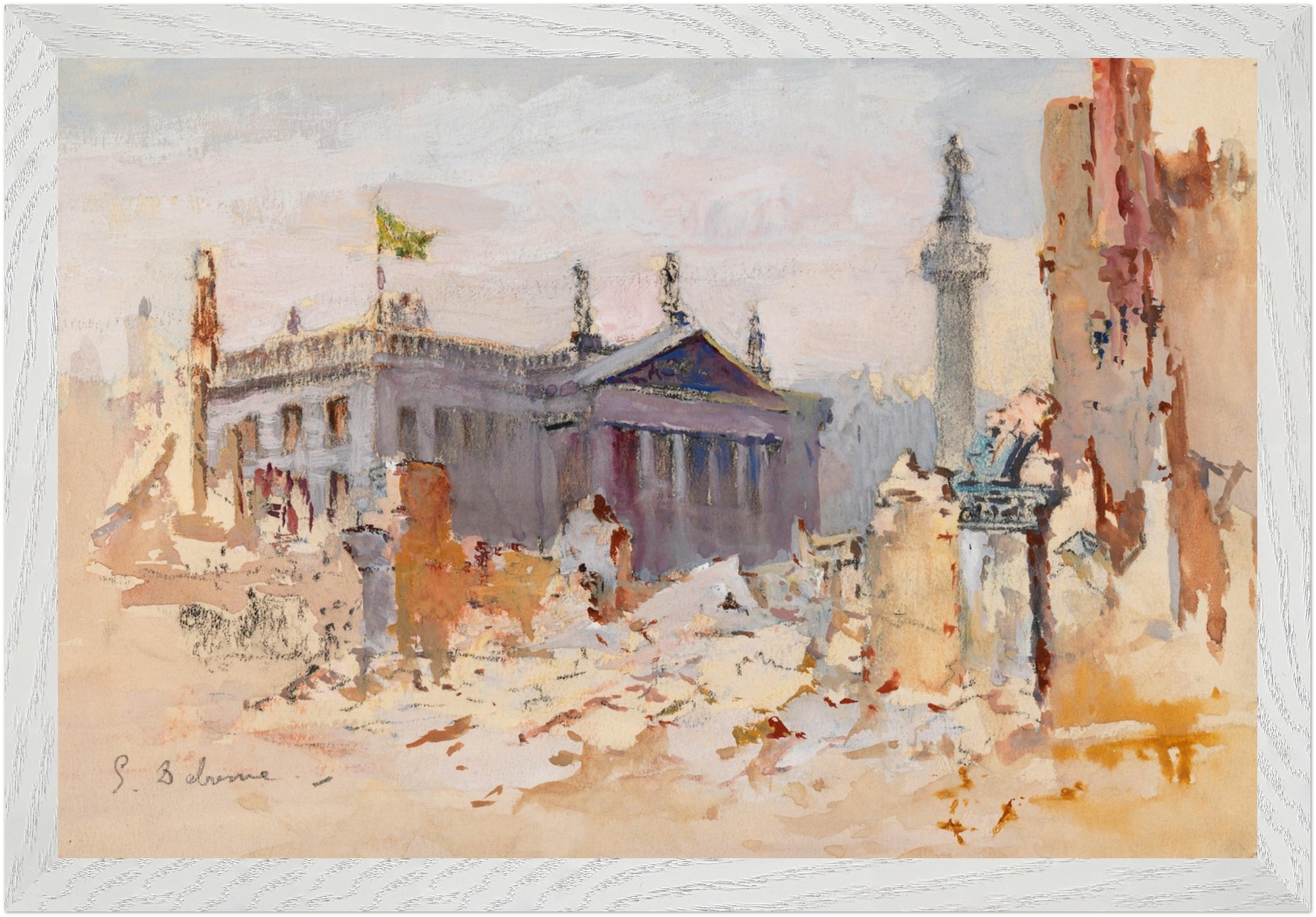 The Ruins of O’Connell Street, 1916, framed Irish historical art print in white gallery frame, 30×45 cm