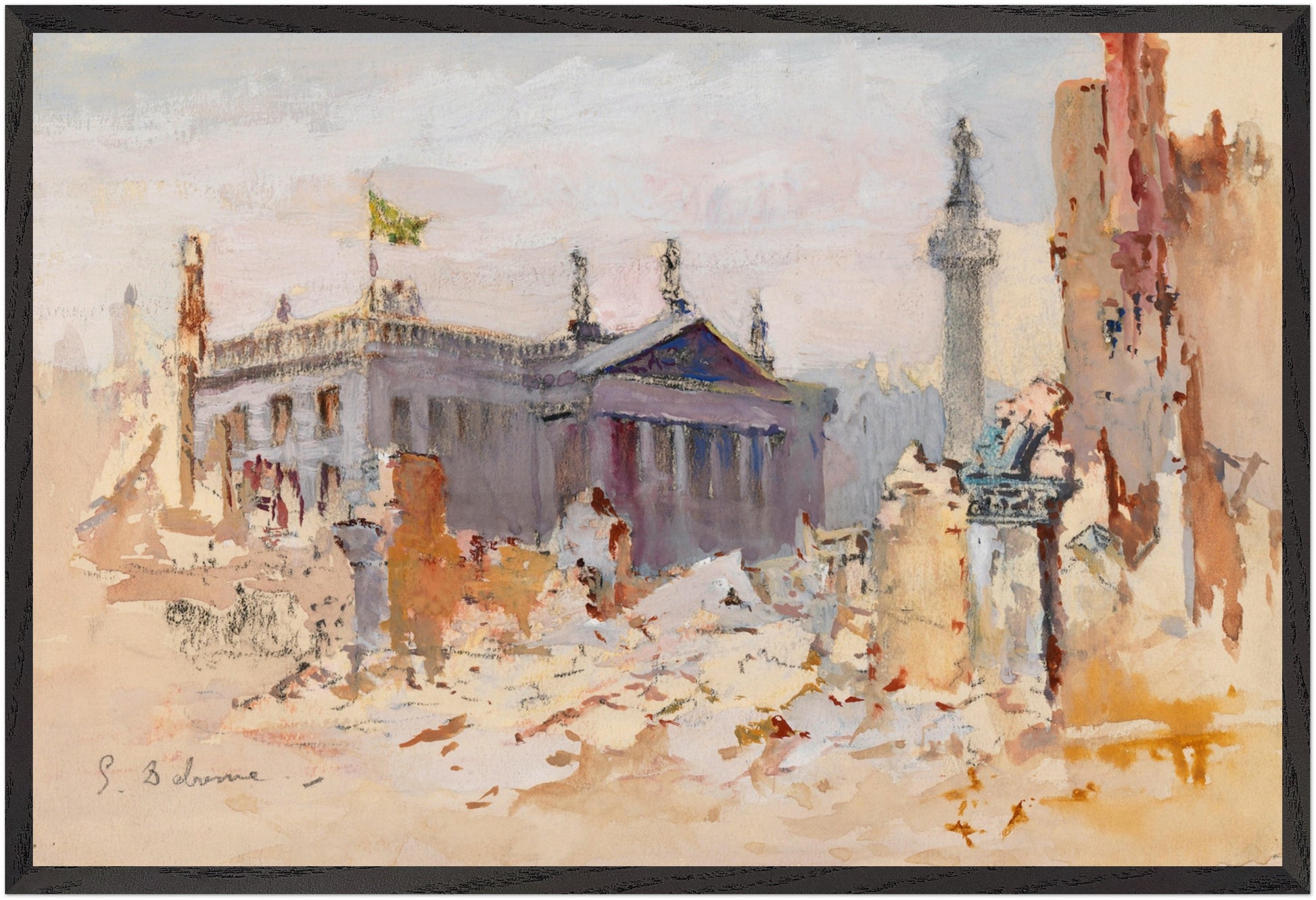 The Ruins of O’Connell Street, 1916, large framed Irish historical art print in black gallery frame, 60×90 cm