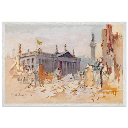 he Ruins of O’Connell Street, 1916 by Edmond Delrenne, art print in a modern white wooden frame, capturing the aftermath of the 1916 Easter Rising in Dublin.