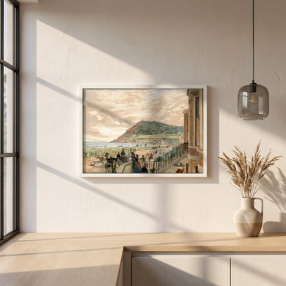 The Seafront at Bray framed print in a white frame on a plaster wall above an oak worktop in a bright Scandinavian kitchen