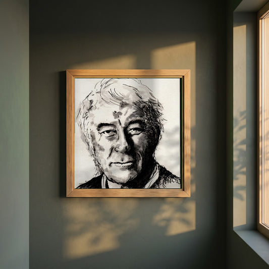 Seamus Heaney framed print in a natural oak frame on a dark green wall beside a window, dappled plant shadow
