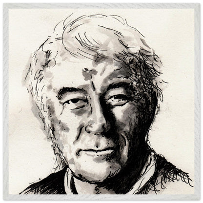 Seamus Heaney portrait The Squat Pen by Irish artist Ó Maoláin, extra large Collector’s Edition framed print, white frame