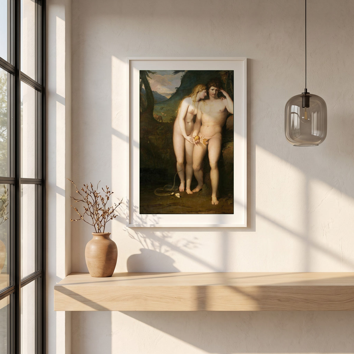 The Temptation of Adam framed print in a white frame on a plaster wall above an oak worktop in a bright Scandinavian kitchen
