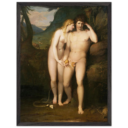 The Temptation of Adam by James Barry framed in black, Eve leaning on Adam's shoulder