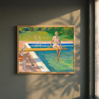 Viscountess, Palm Springs framed print in a natural oak frame on a dark green wall beside a window, dappled plant shadow