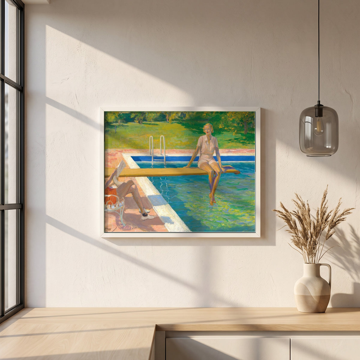 Viscountess, Palm Springs framed print in a white frame on a plaster wall above an oak worktop in a bright Scandinavian kitchen