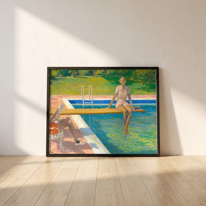 Viscountess, Palm Springs framed print in a black frame leaning against a white plaster wall on oak floorboards in morning light