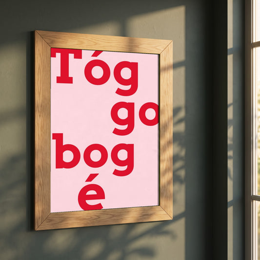 Tóg é go bog é framed print in a natural oak frame on a dark green wall beside a window, dappled plant shadow