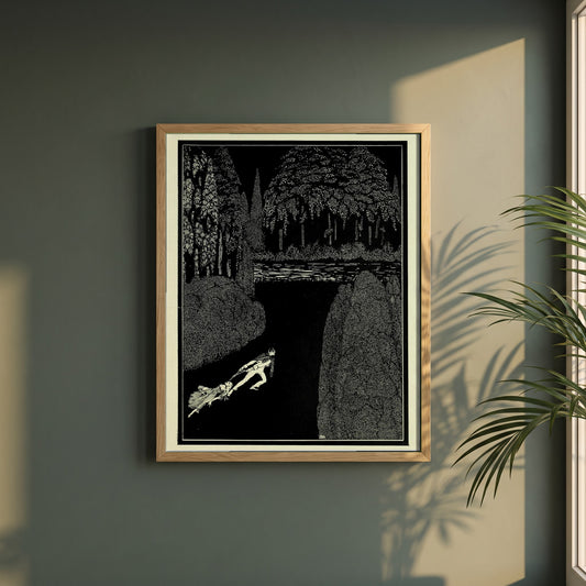 Toilsome Journey framed print in a natural oak frame on a dark green wall beside a window, dappled plant shadow