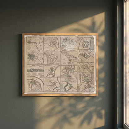 Plans of the Towns, Forts and Harbours of Ireland 1748 Map Print framed print in a natural oak frame on a dark green wall beside a window, dappled plant shadow