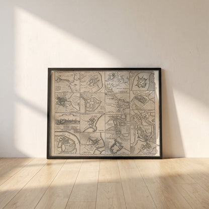 Plans of the Towns, Forts and Harbours of Ireland 1748 Map Print framed print in a black frame leaning against a white plaster wall on oak floorboards in morning light