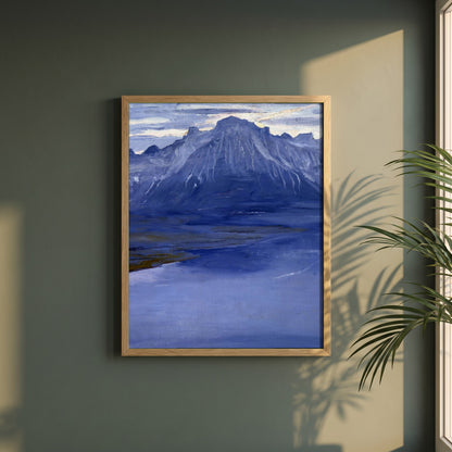 Twilight, Lake Geneva framed print in a natural oak frame on a dark green wall beside a window, dappled plant shadow